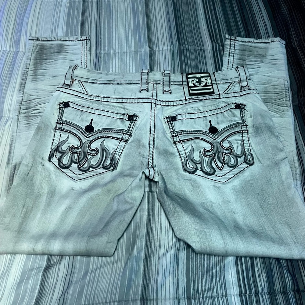 Rock Revival Light Grey Slim Straight Jeans with Embroidered Flame Pockets
